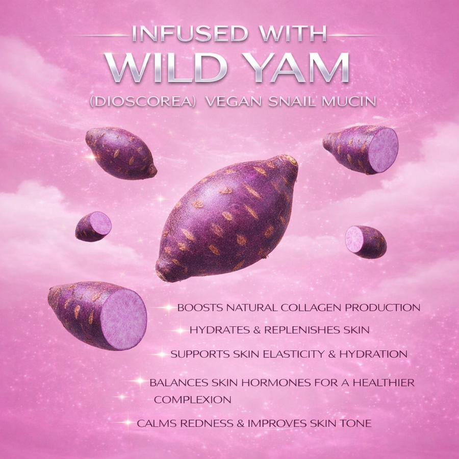 Purple wild yams float against a starry pink background to highlight the skincare benefits of vegan snail mucin for hydration and collagen production.