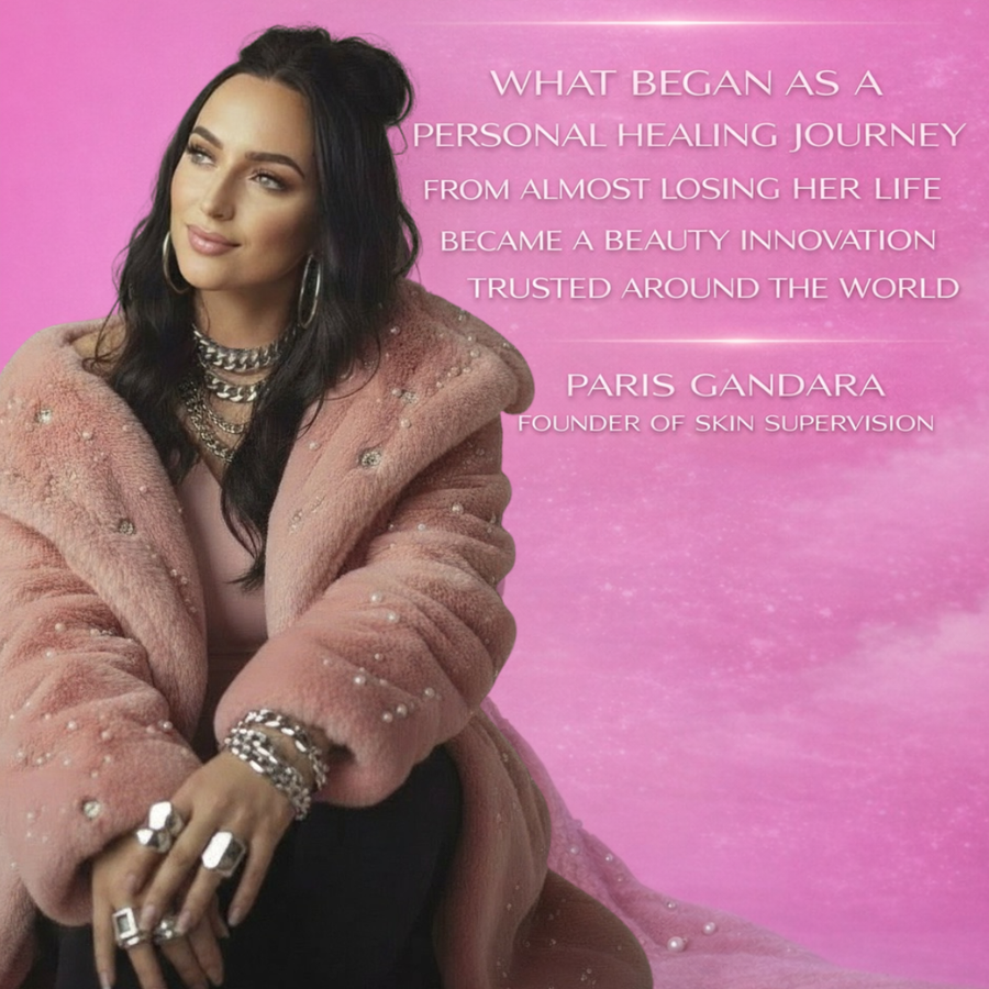 Skin Supervision founder Paris Gandara poses in a plush pink pearl-studded coat against a vibrant background that highlights her journey of beauty innovation.