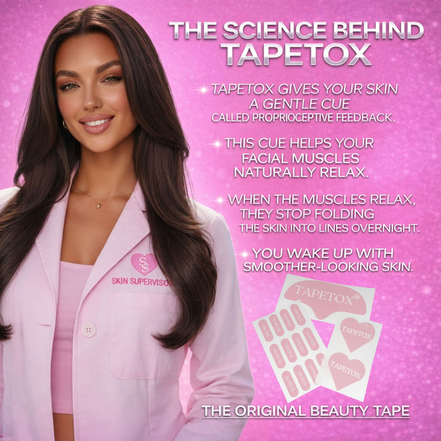 A skin supervisor in a pink lab coat smiles next to text describing how Tapetox beauty tape relaxes facial muscles for smoother skin.