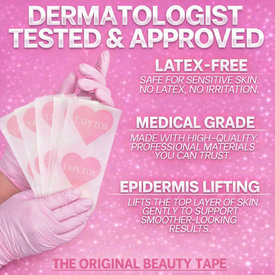 Hands in pink gloves hold sheets of heart-shaped Tapetox beauty tape, a dermatologist-tested, medical-grade, and latex-free product for gentle epidermis lifting.