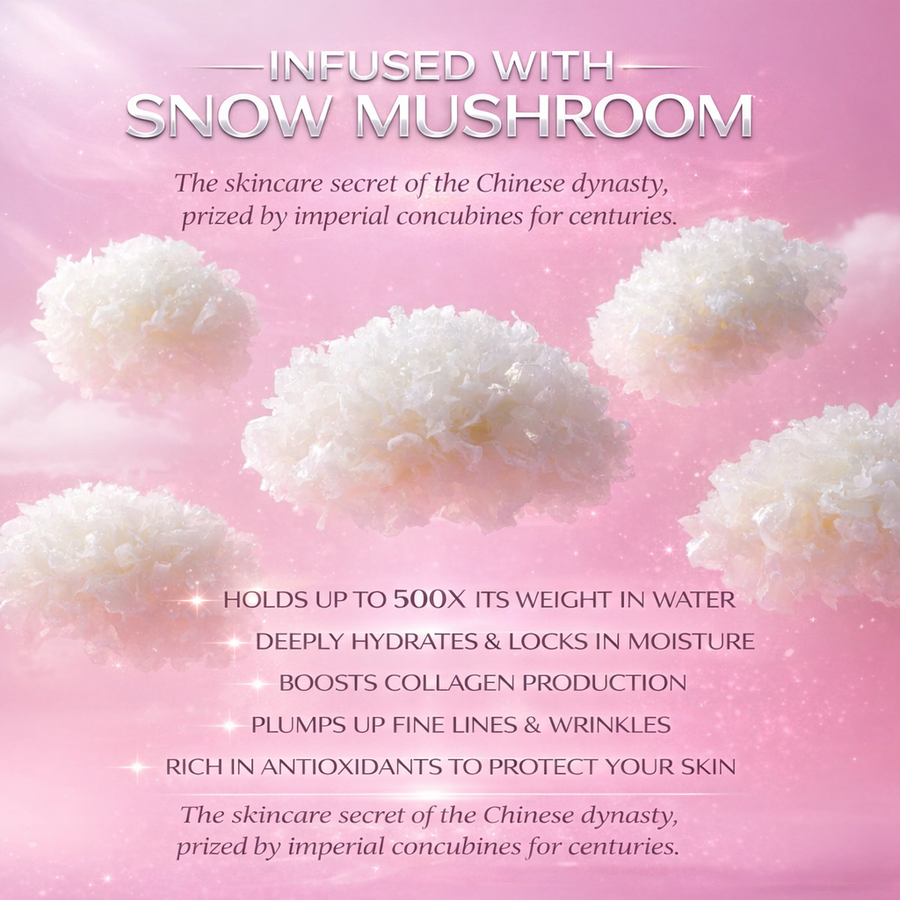 White snow mushrooms float through a dreamy pink sky to showcase the hydrating and anti-aging properties of this ancient skincare ingredient.